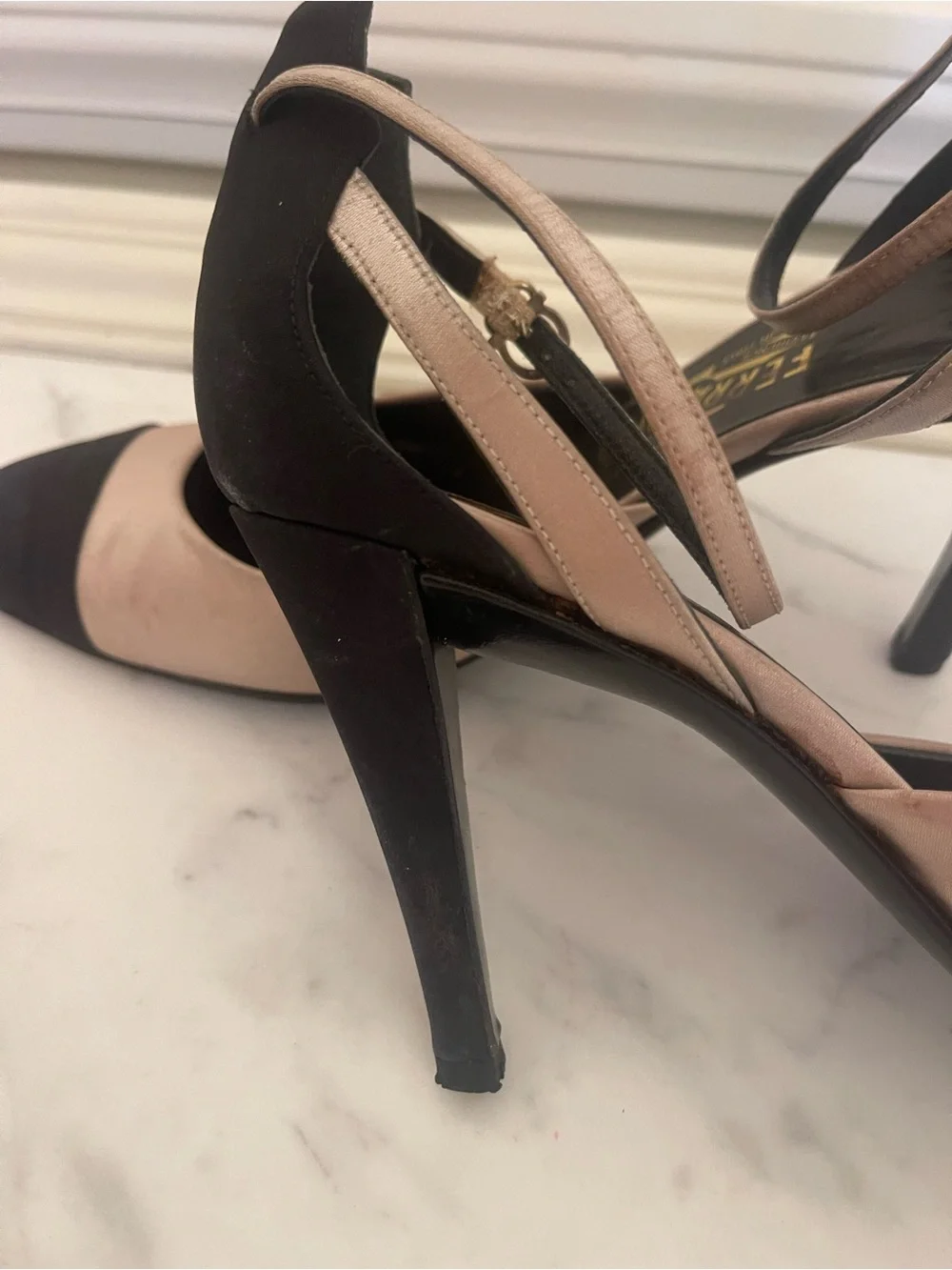 Salvatore Ferragamo Two-Tone Beige and Black Ankle-Strap Pumps